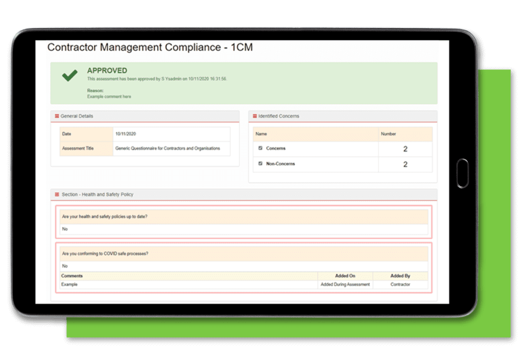 A tablet with a screenshot of the Contractor Management software module in AssessNET.