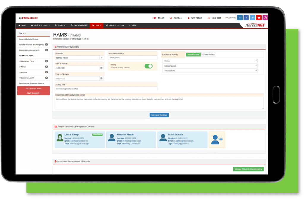 A tablet with a screenshot of the RAMS software module in AssessNET.