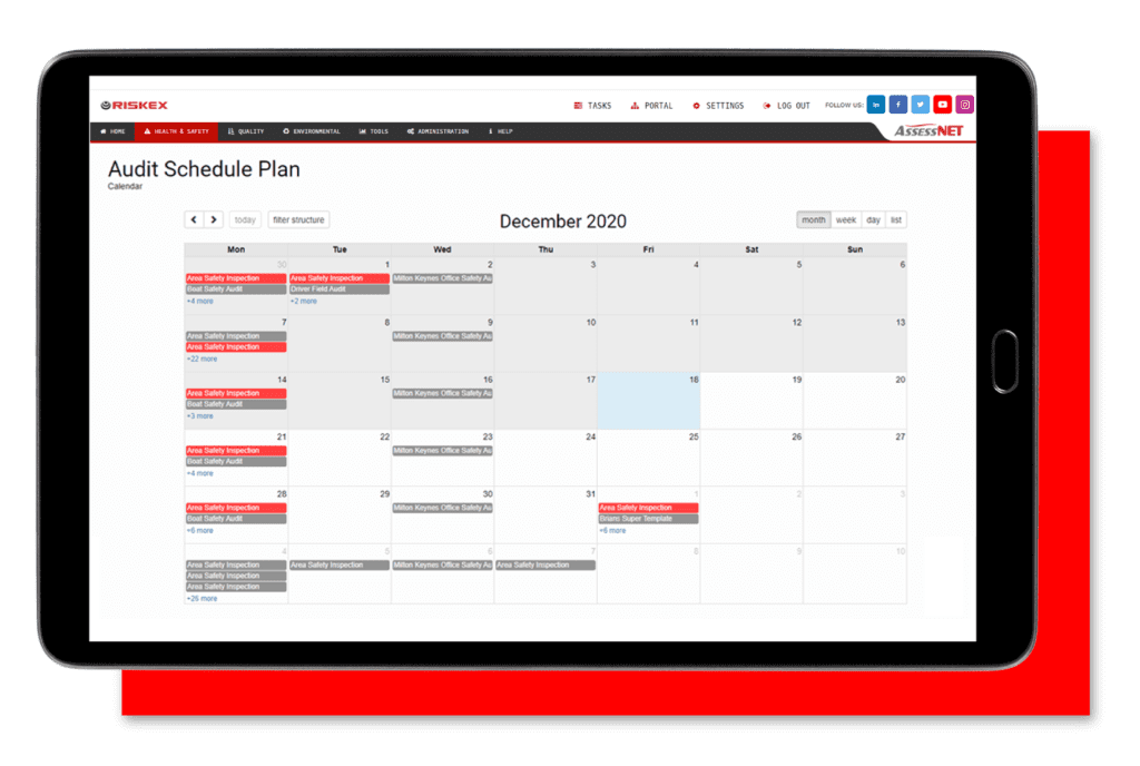 A tablet with a screenshot of the Safety Audit software module in AssessNET.