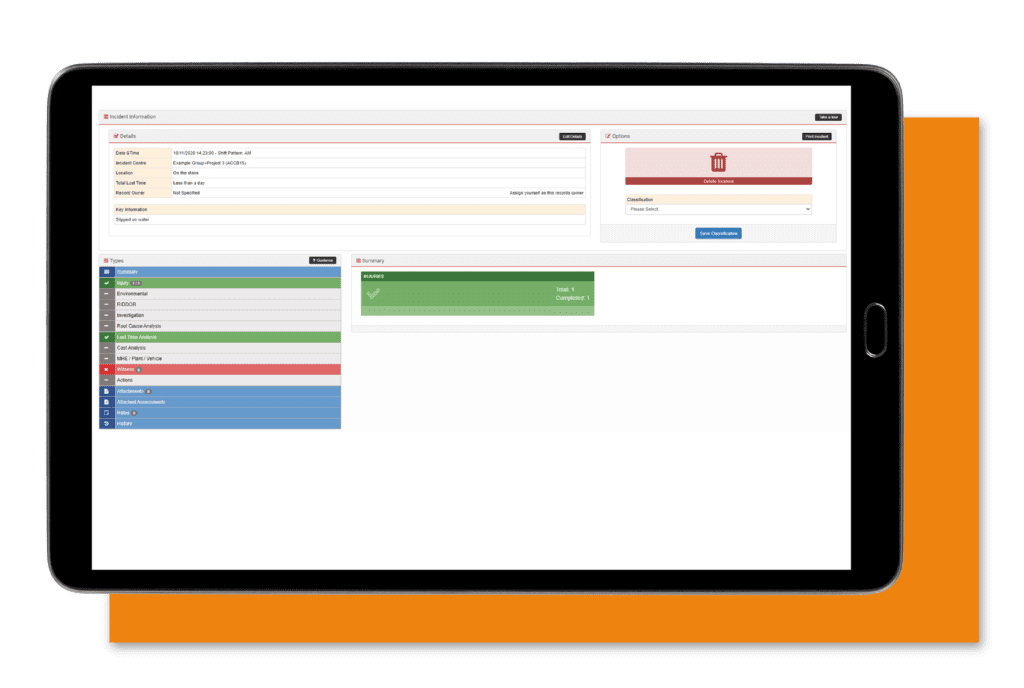 A tablet with a screenshot of the Accident and Incident Reporting software module in AssessNET.