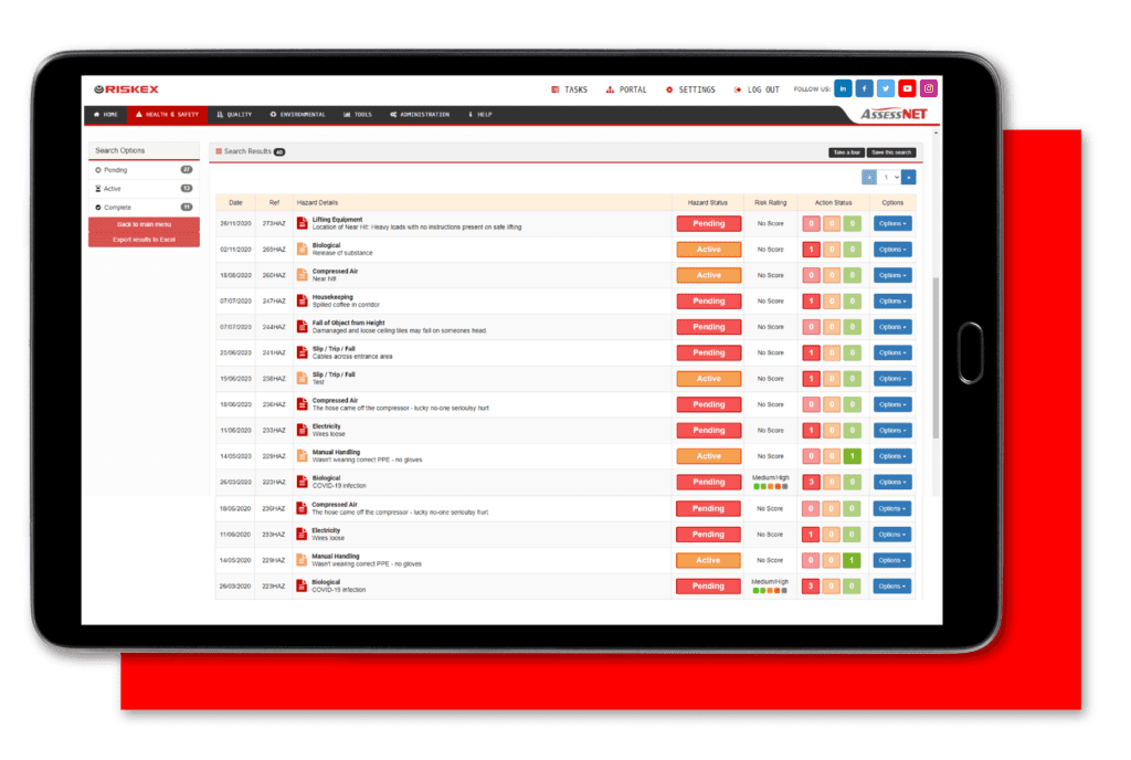 A tablet with a screenshot of the Hazard Reporting software module in AssessNET.