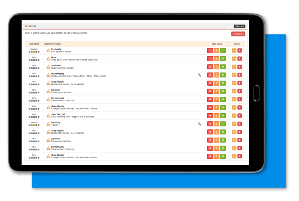 A tablet with a screenshot of the Risk Assessment software module in AssessNET.