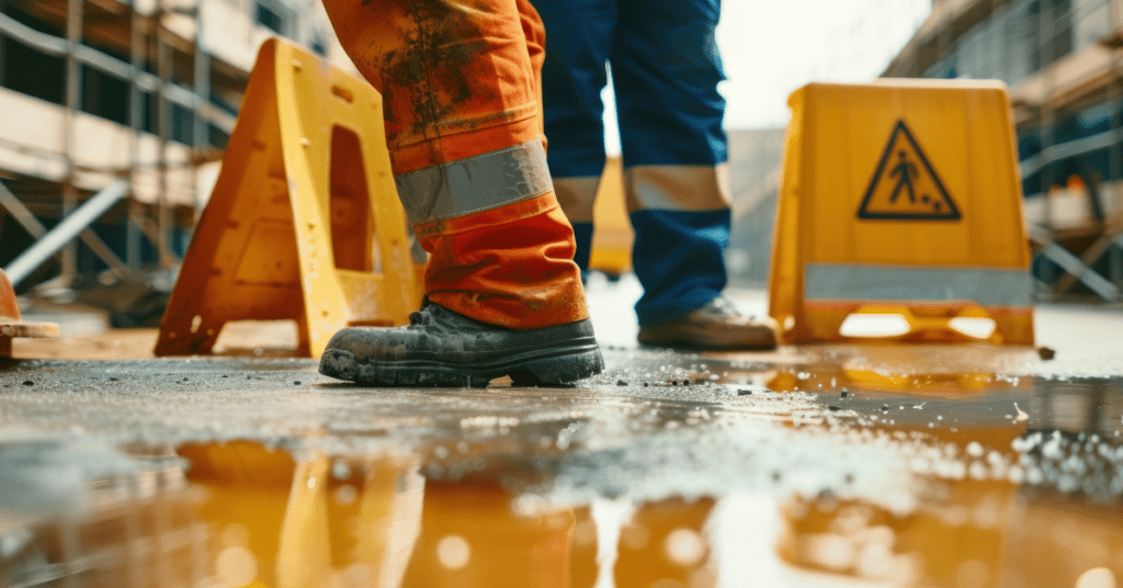 two men in hivis trousers standing on wet floor with a caution wet floor sign