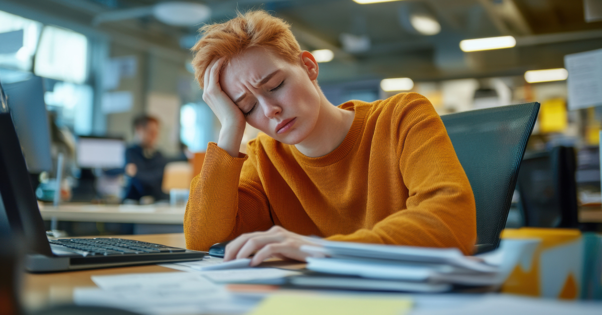 Young woman in an orange sweater looks exhausted at her desk in a busy office, AI