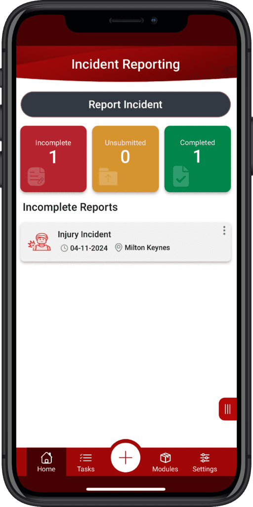 Mobile phone with a screenshot of the Accident and Incident Reporting software module app in AssessNET.