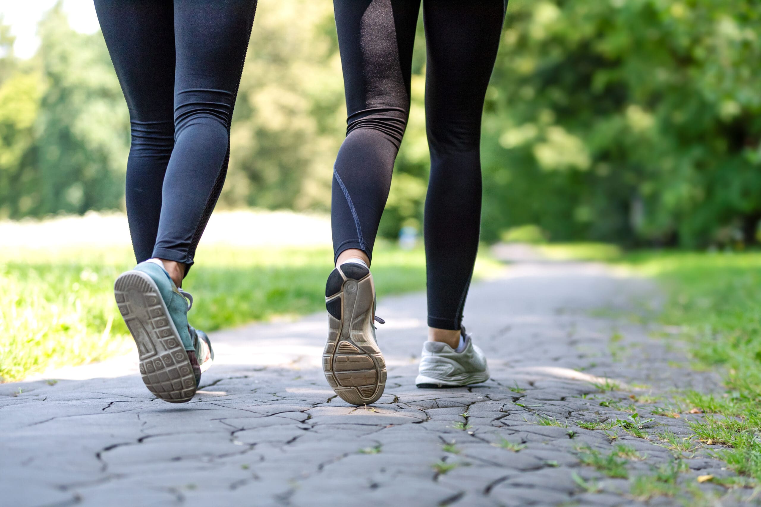 low angle view of running women in the park on a sunny morning.