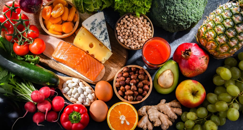 Food products representing the nutritarian diet which may improve overall health status.
