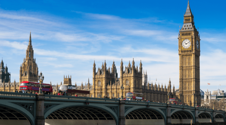 Big Ben and Westminster Abbey in London, England.