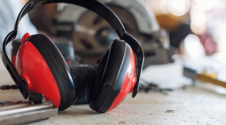 Red Ear Muffs on Wooden Table