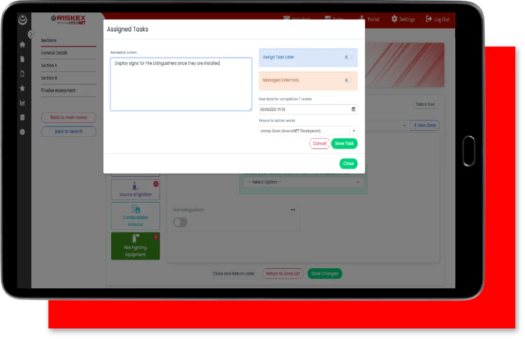 A tablet with a screenshot of the Fire Risk Assessment software module in AssessNET.