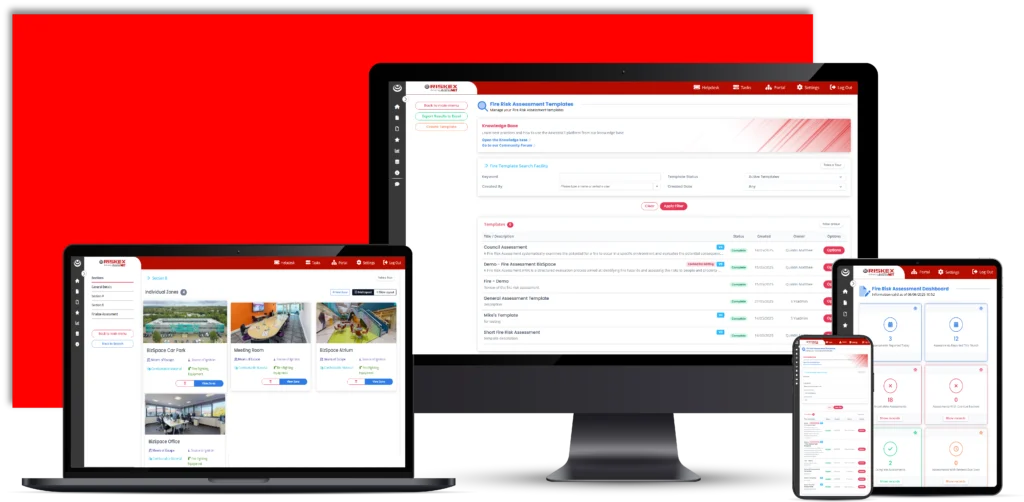 A laptop, computer, tablet and Mobile phone all with a screenshot of the Fire Risk Assessment Software module in AssessNET.