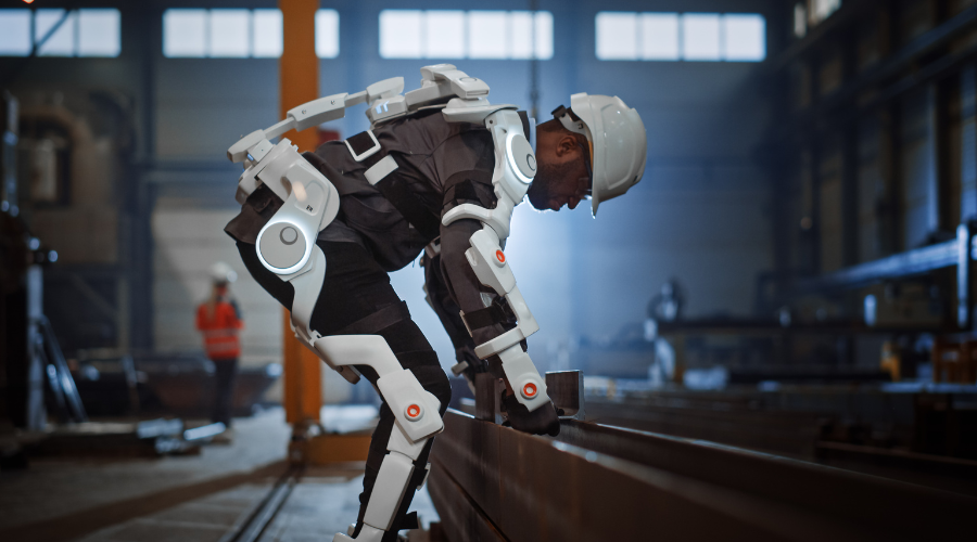 A man in an exoskeleton suit picking up a heaving metal object.