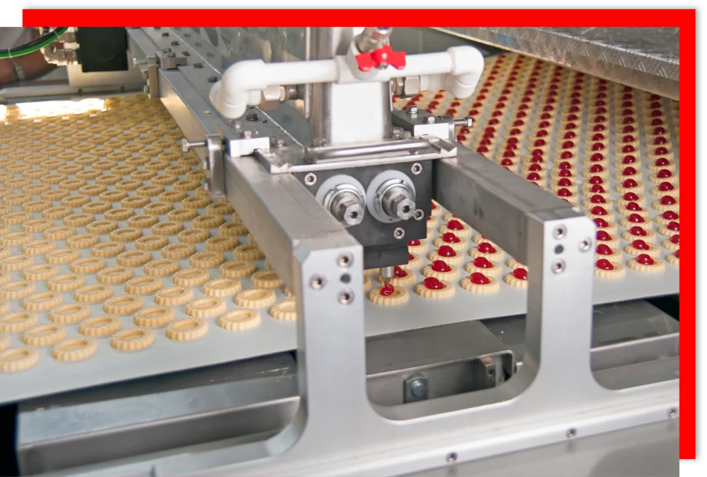 production cookies on a conveyor belt inside of factory