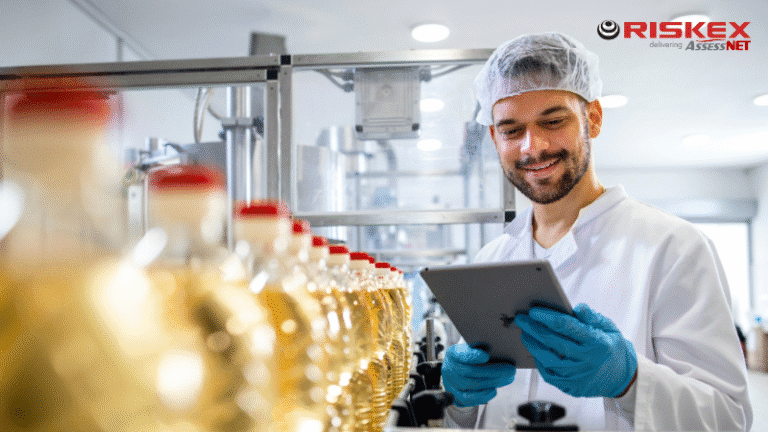 Technologist holding tablet computer and checking production of bottled refined sunflower oil in food factory production line.
