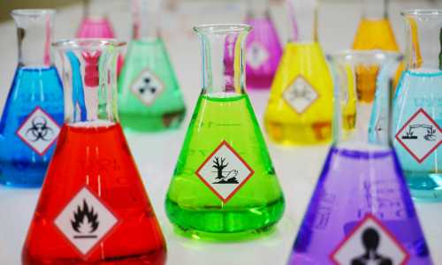 flask with colorful solution and Variety type of chemical hazard warning symbols.