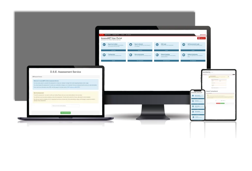 A laptop, computer, tablet and Mobile phone all with a screenshot of the Portal software in AssessNET.