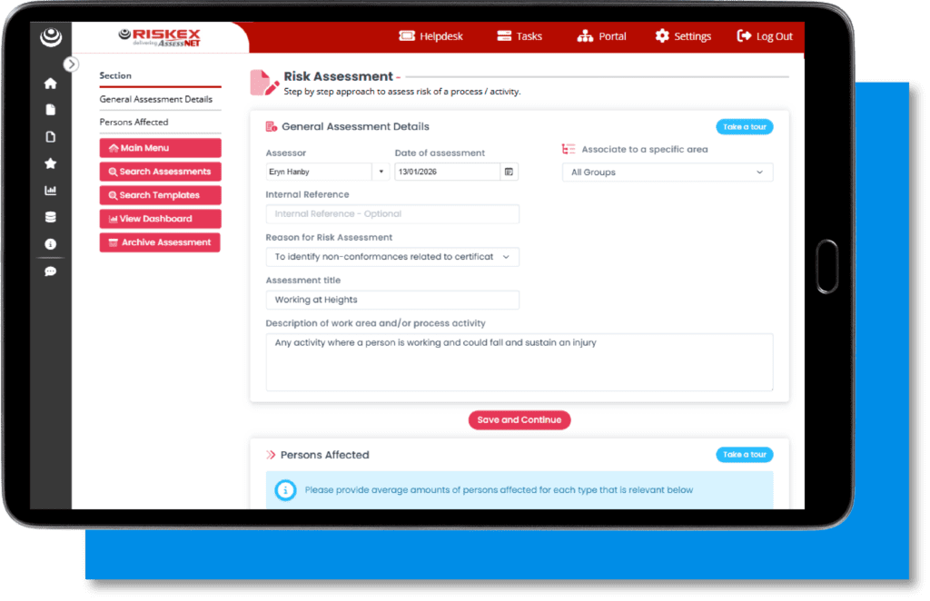 A tablet device showcasing AssessNET's risk assessment module