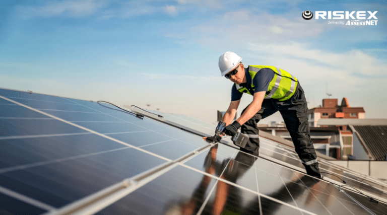 Man in PPE on a roof installing solar panels.