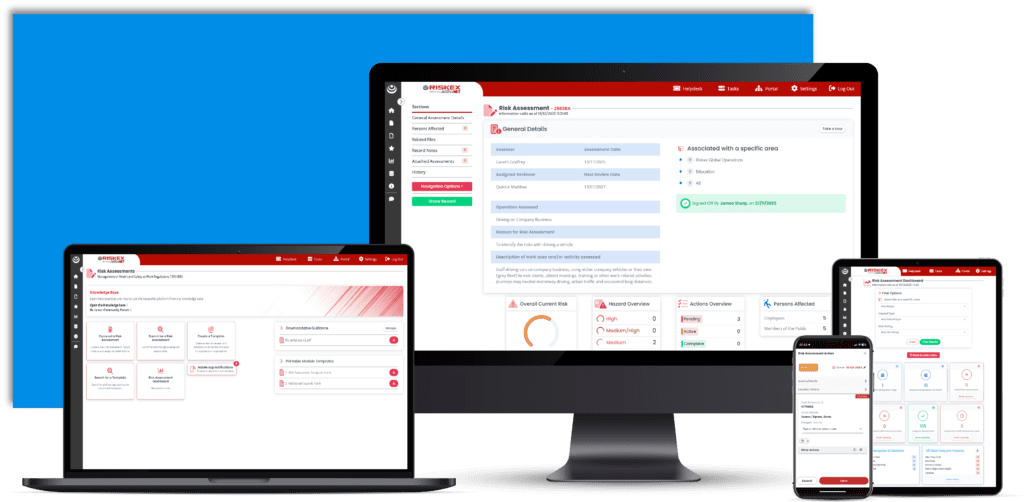 laptop, computer, mobile and tablet demonstrating AssessNET's risk assessment module.