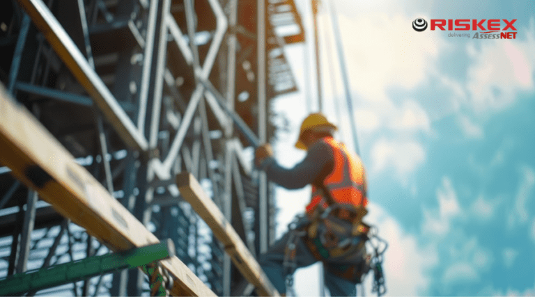 Worker wearing high-visibility PPE and safety harness climbing scaffolding structure while working at height on a construction site.