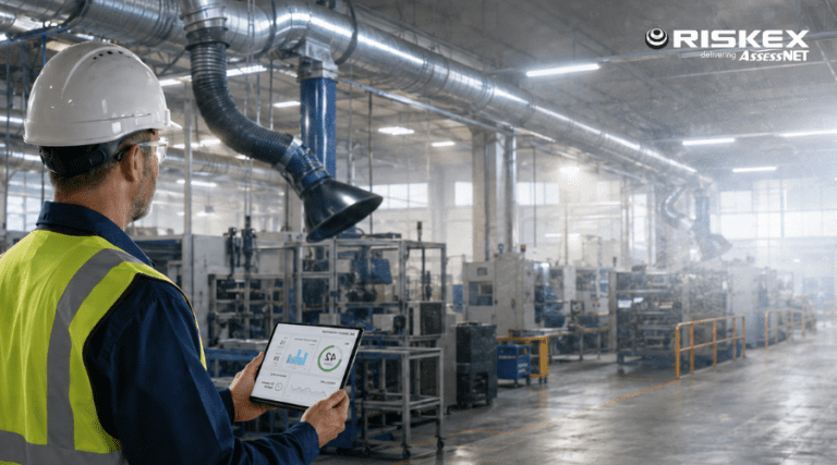 Safety manager reviewing air quality monitoring data on a tablet in a manufacturing facility with visible ventilation ducting and airborne haze.