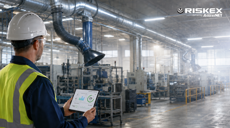 Safety manager reviewing air quality monitoring data on a tablet in a manufacturing facility with visible ventilation ducting and airborne haze.