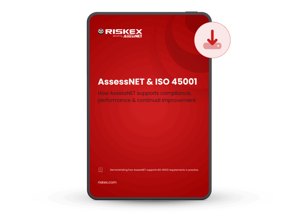 Tablet displaying the AssessNET ISO 45001 guide for managing evidence, audit readiness and continual improvement.