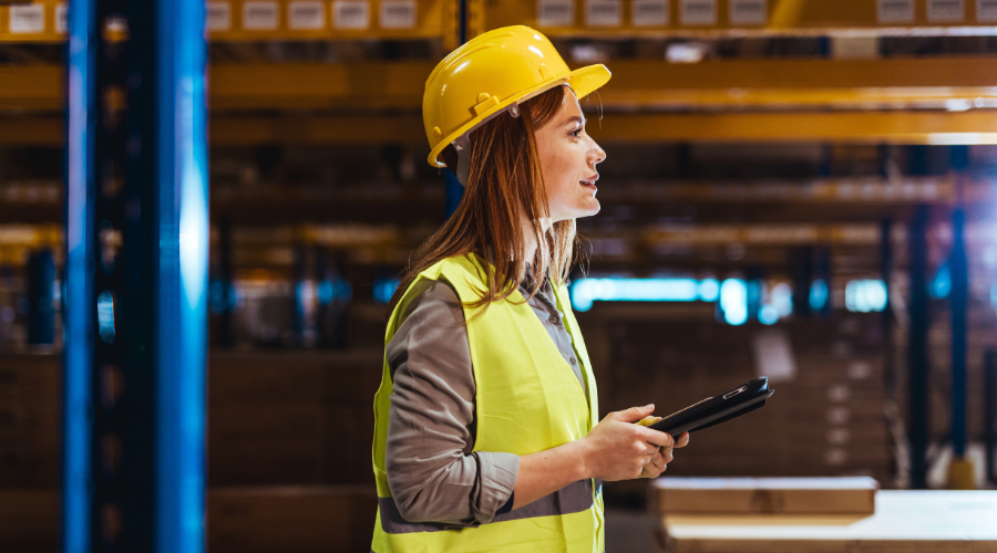 Lady in yellow hardhat and hi-vis holding a tablet.